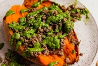 Sweet Potato Boats with Savory Ground Beef and Zesty Avocado Chimichurri