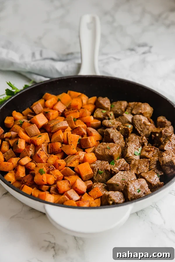 Close-up of One-Pan Steak Bites and Sweet Potatoes ready to serve