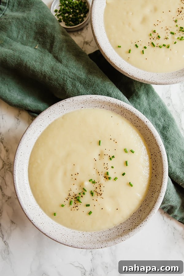 A bowl of creamy sweet potato leek soup, garnished with fresh chives, ready to be enjoyed as a healthy and comforting meal.