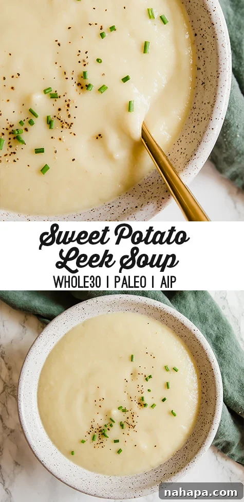 Pin for Sweet Potato Leek Soup - a comforting and healthy take on a classic. It's made with simple ingredients and is paleo, whole30, and AIP-friendly.