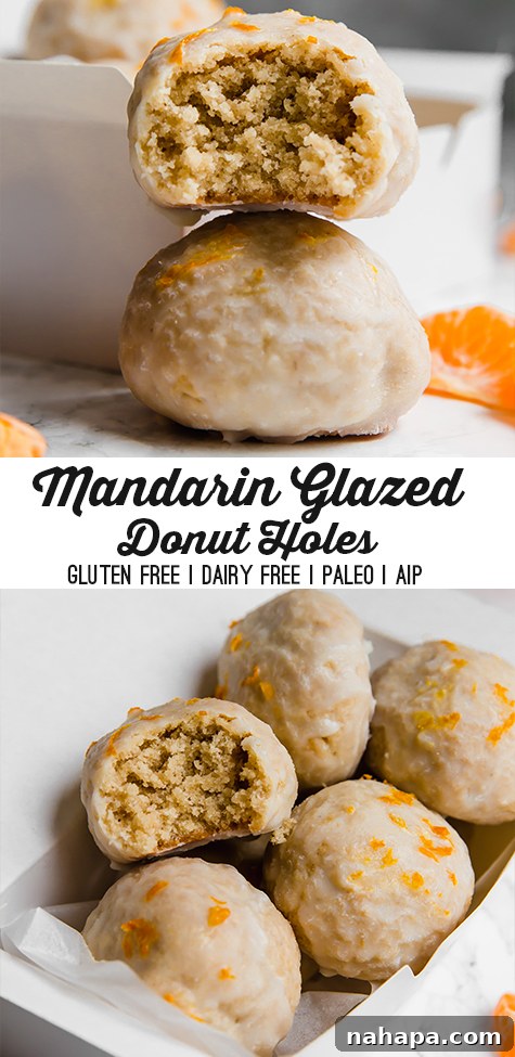 A Pinterest-friendly collage image featuring mandarin glazed donut holes and fresh mandarins.