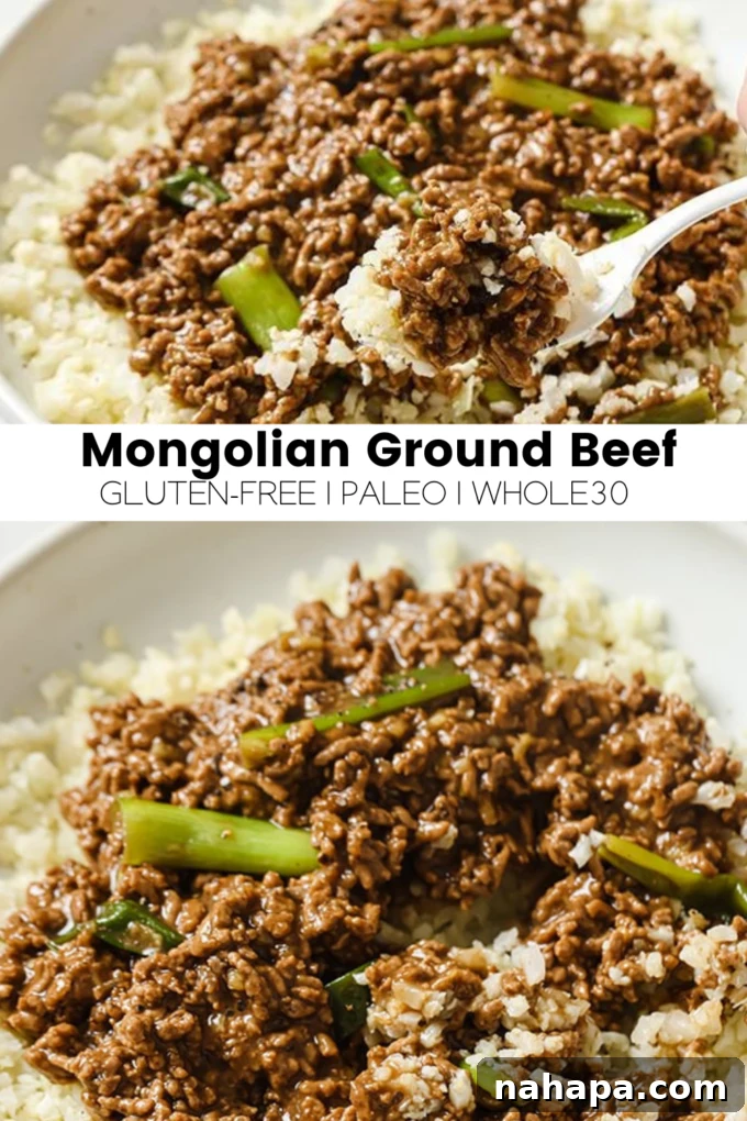 A large serving of Mongolian Ground Beef with fresh garnishes.