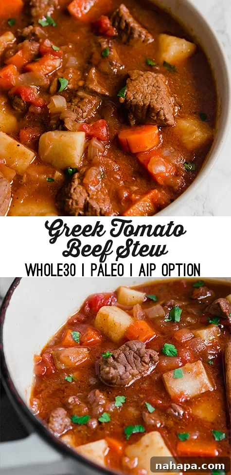 A vibrant pin graphic for Greek Tomato Beef Stew, highlighting its paleo, Whole30, and AIP compliant features.