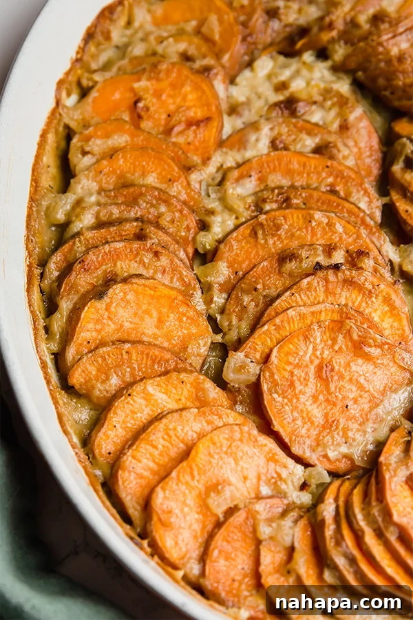 Delicious Whole30 Vegan Sweet Potato Gratin 3 Healthy Sweet Potato Gratin with layers of sweet potato and creamy sauce