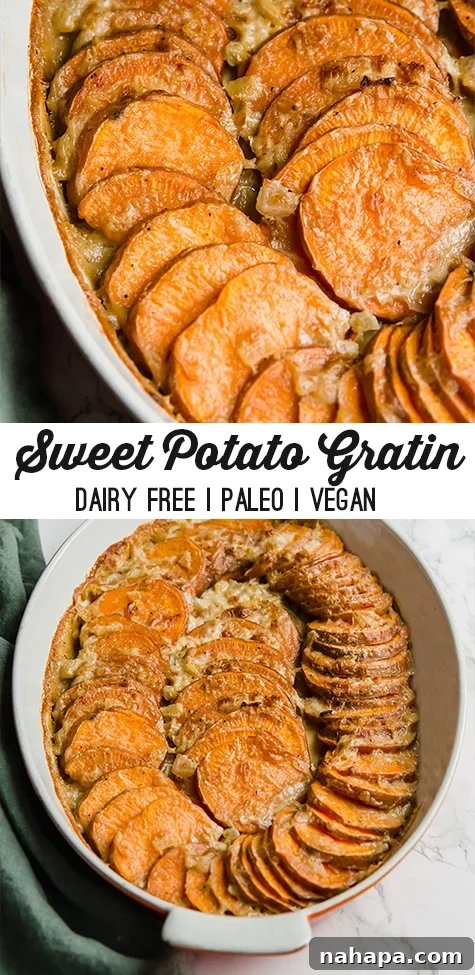 Delicious Whole30 Vegan Sweet Potato Gratin 6 Sweet Potato Gratin, beautifully layered and baked, ready to serve for holidays
