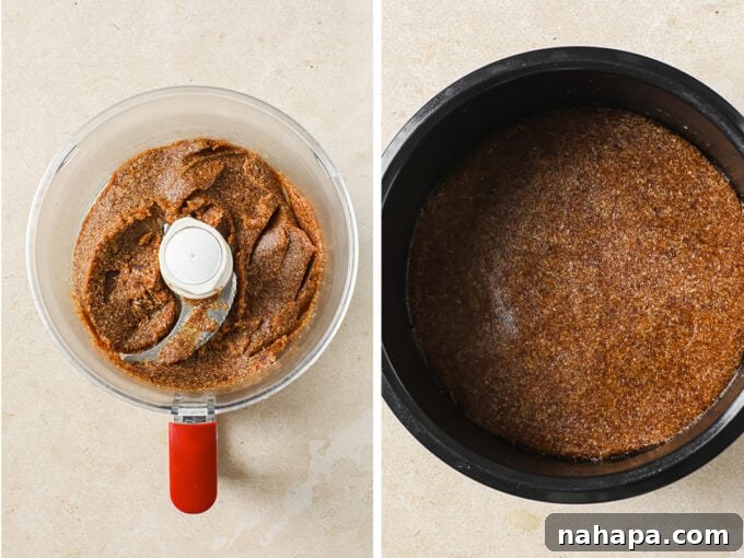 AIP Paleo Autumn Salted Caramel Pumpkin Cheesecake 3 A side-by-side photo showing the crust mixture being prepared in a food processor on the left, and the finished crust pressed into a baking pan on the right, ready for the filling.