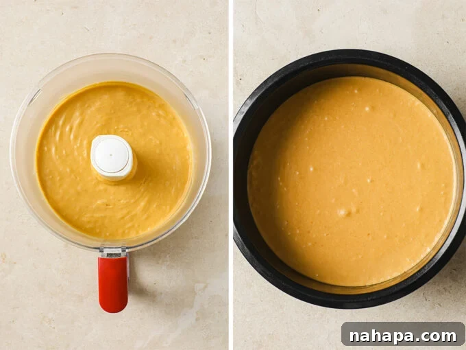 AIP Paleo Autumn Salted Caramel Pumpkin Cheesecake 4 A side-by-side image illustrating the cheesecake filling preparation: on the left, the creamy pumpkin mixture in a food processor; on the right, the smooth filling poured over the crust in a baking pan.