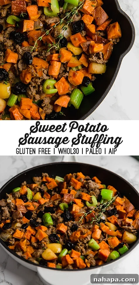 Hearty Grain-Free Sweet Potato Sausage Stuffing 6 Beautifully presented Paleo Sweet Potato Sausage Stuffing in a serving dish