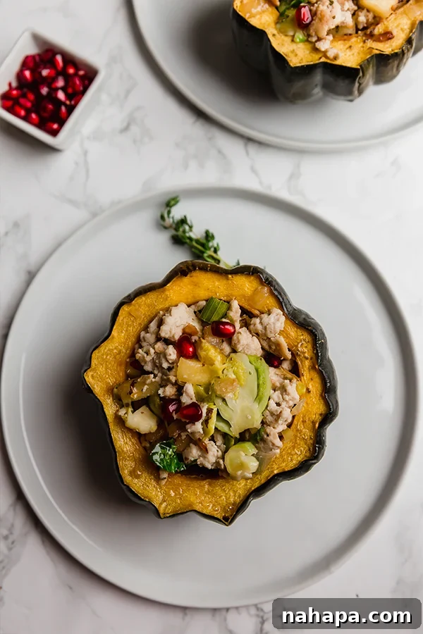 Beautifully plated Turkey Stuffed Acorn Squash, garnished with fresh pomegranate seeds