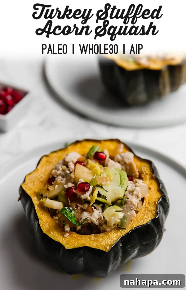 Pinterest graphic for Turkey Stuffed Acorn Squash recipe, healthy and perfect for fall