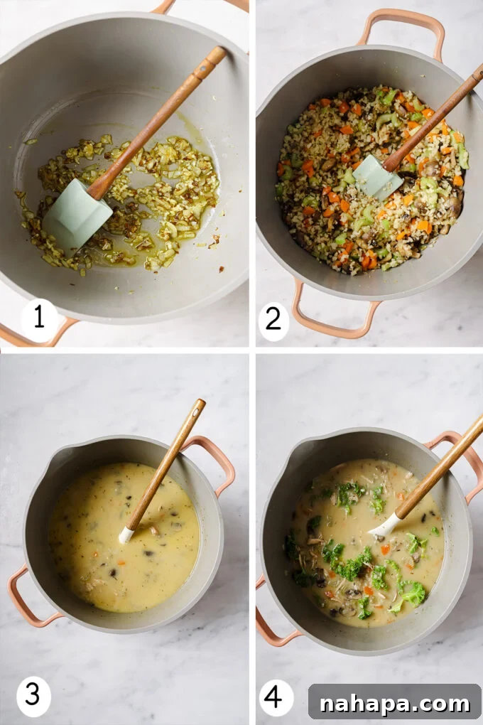 A top-down view of a creamy turkey and vegetable soup in a white bowl, with a spoon.