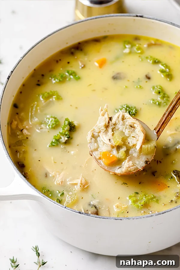 A close-up shot of creamy turkey and vegetable soup with visible chunks of turkey and vegetables.