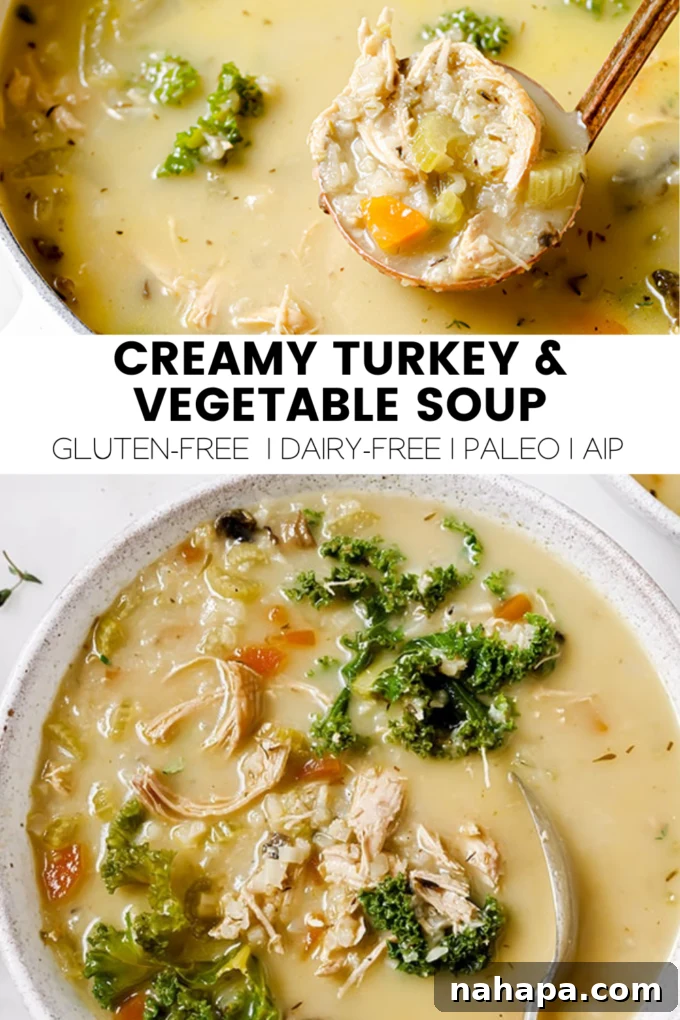 A vibrant, close-up image of the creamy turkey and vegetable soup in a bowl.