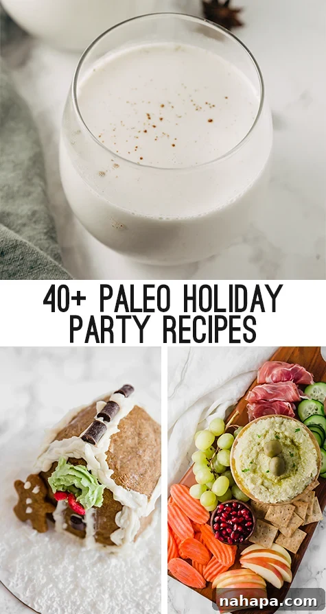 A festive spread of various Paleo and AIP holiday dishes, including appetizers, main courses, and desserts, beautifully arranged for a party.