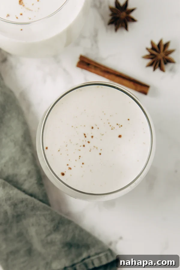 A glass of creamy Non-Alcoholic Paleo Eggnog, garnished with cinnamon stick, perfect for a cozy holiday drink.