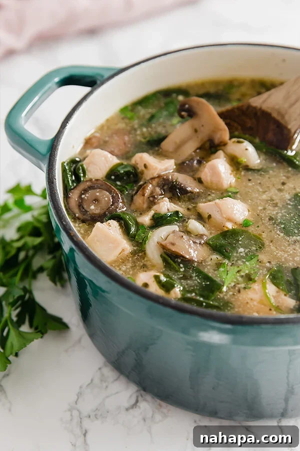 A large pot filled with delicious Chicken Marsala Soup, ready to be served.