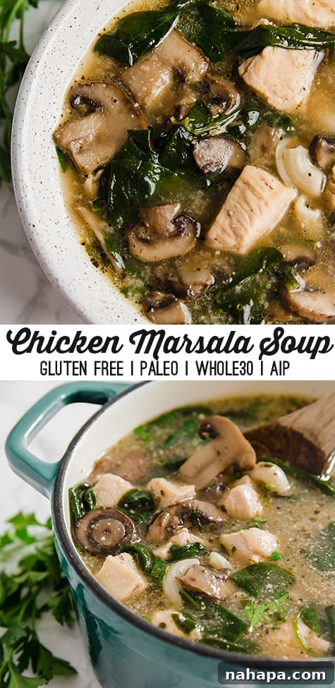 Pin-able image for Chicken Marsala Soup, highlighting its healthy, paleo, whole30, and AIP benefits.