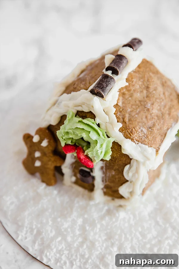 Paleo Gingerbread House decorated with snow and dried fruit