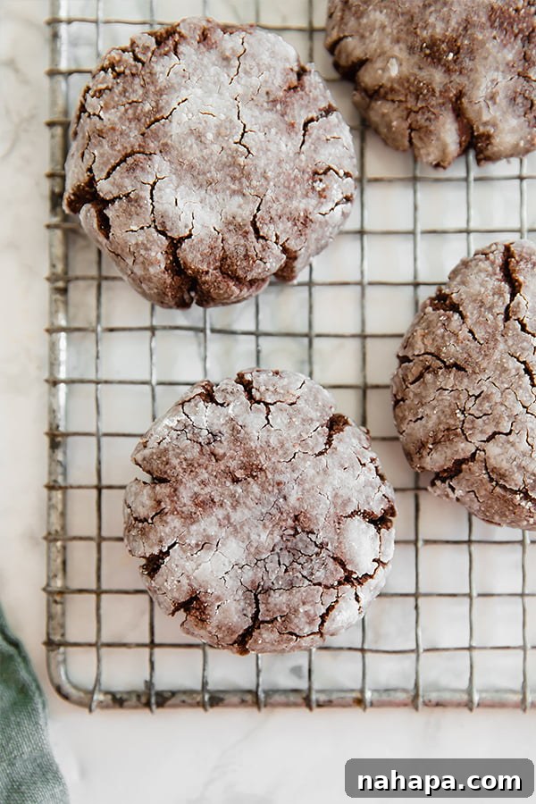 Decadent Gluten-Free Chocolate Crinkle Cookies 3 Close-up of baked Gluten-Free Chocolate Crinkle Cookies on a cooling rack