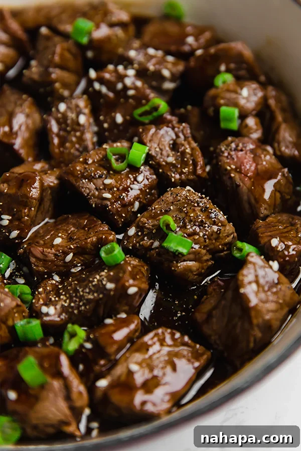 Sticky Teriyaki Steak Bites 4 Close-up of Teriyaki Steak Bites with Sesame Seeds