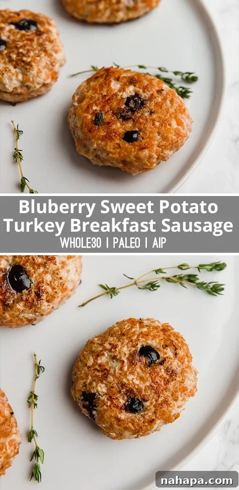 Wholesome Berry-Sweet Turkey Sausages 7 Blueberry Sweet Potato Turkey Breakfast Sausage Pin - Save for Later