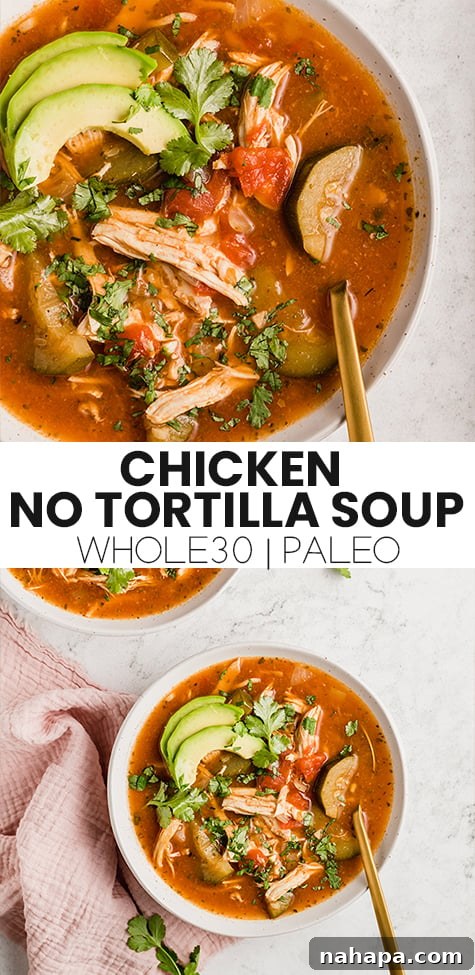 Tall vertical pin image for Instant Pot Chicken No-Tortilla Soup, showcasing the ingredients and final dish for social media sharing.