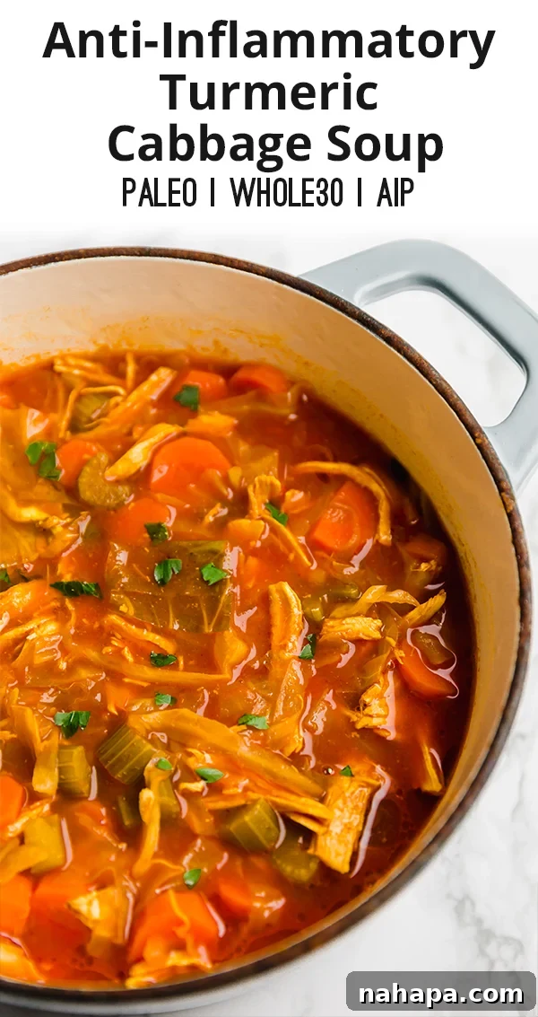 A beautifully presented bowl of Anti-Inflammatory Turmeric Cabbage Soup ready to be served, garnished with fresh herbs.