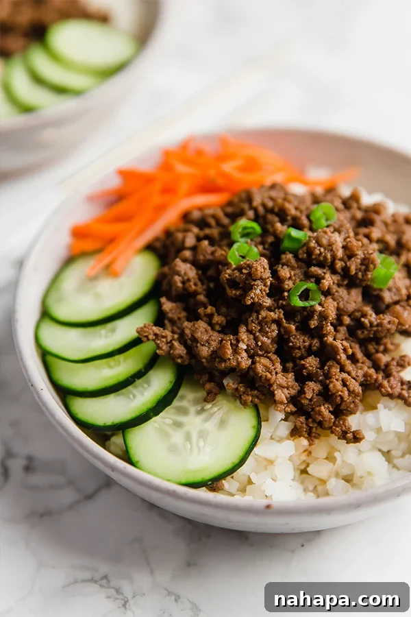 Beautifully arranged Korean Beef Bowls with various toppings