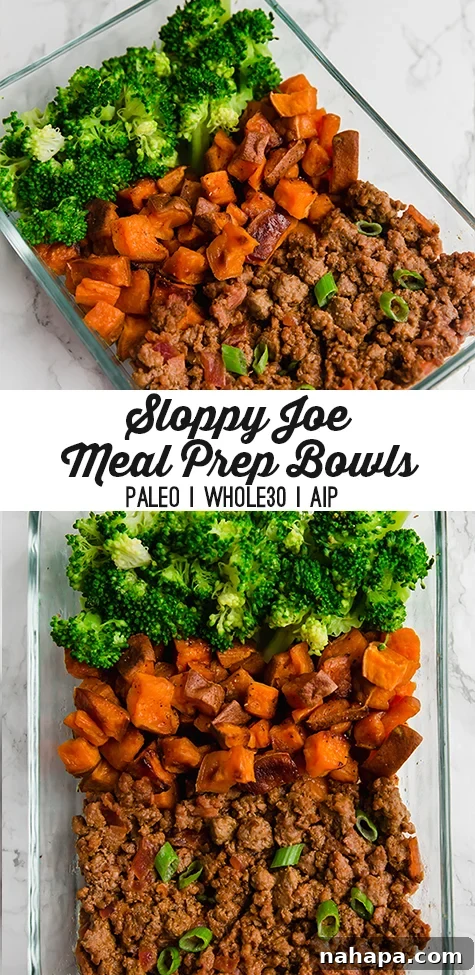 Grab and Go Sloppy Joe Bowls Paleo Whole30 5 Sloppy Joe Meal Prep Bowls arranged neatly in containers, ready for the week.
