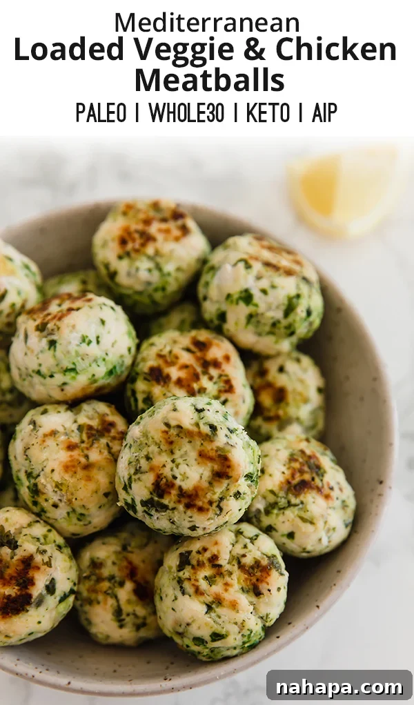 Mediterranean Harvest Chicken and Veggie Meatballs 6 Pinterest pin image for Mediterranean Veggie & Chicken Meatballs recipe, featuring a close-up of the dish.