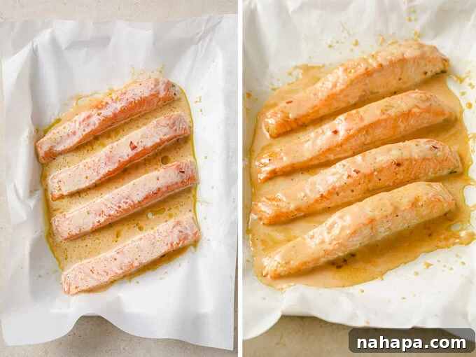 Clean Eating Bang Bang Salmon Bowls 4 Bang Bang salmon before and after being baked, showing the golden sauce