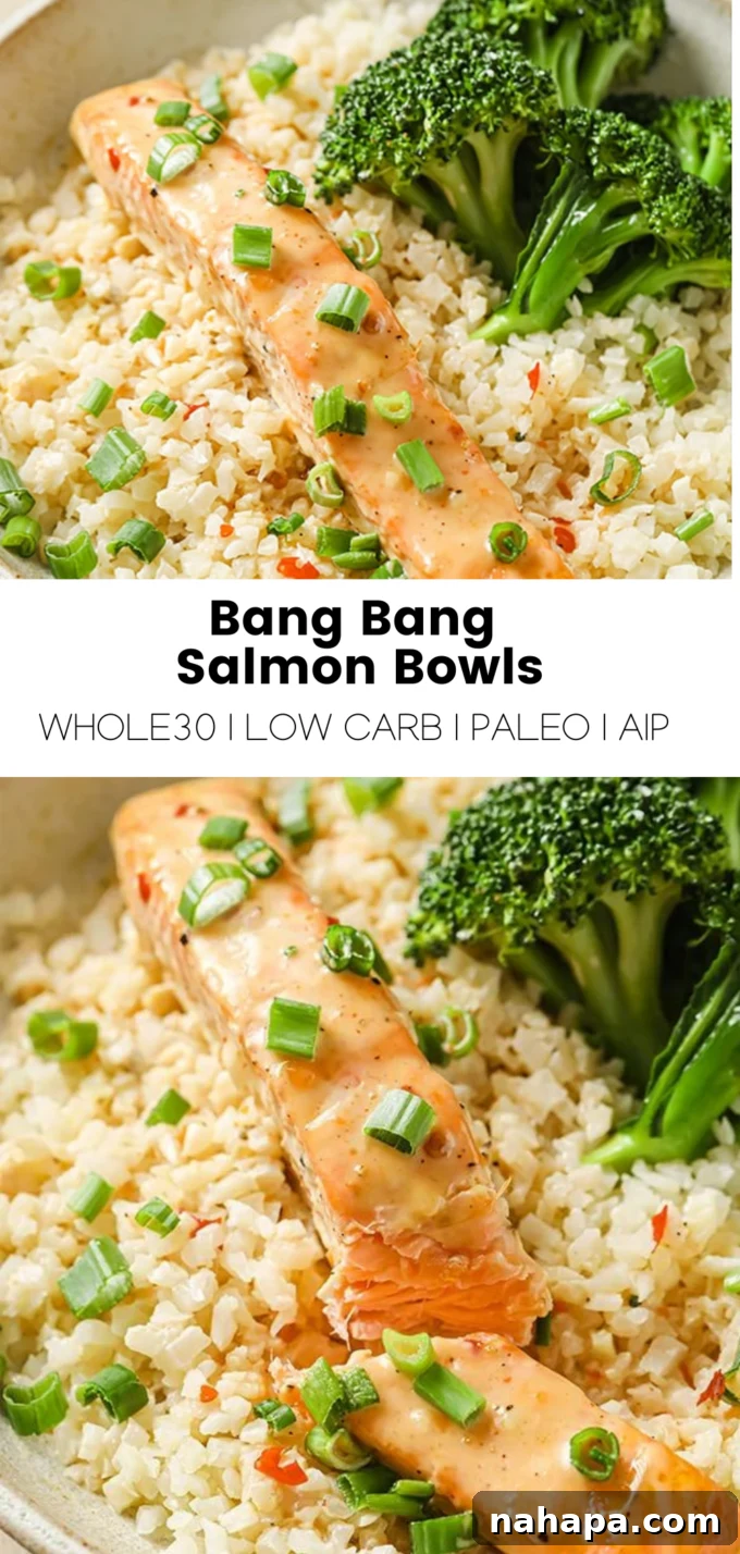Clean Eating Bang Bang Salmon Bowls 7 Pinterest graphic for Bang Bang Salmon Bowls