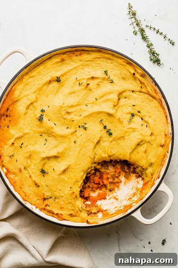 Ultimate Turkey Shepherds Bake 2 A baking dish of turkey sheperd's pie, fresh from the oven, with a golden-brown mashed sweet potato topping.