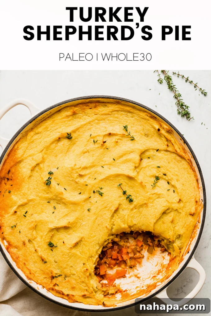 Ultimate Turkey Shepherds Bake 6 A beautifully presented image of a Turkey Shepherd's Pie dish, ready to be served, capturing its comforting appeal.