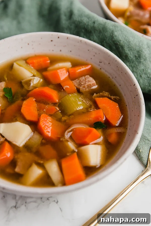 A steaming bowl of Paleo Slow Cooker Beef Stew with fresh parsley garnish