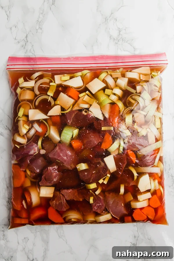 A prepped freezer bag of beef stew ingredients, ready for future cooking