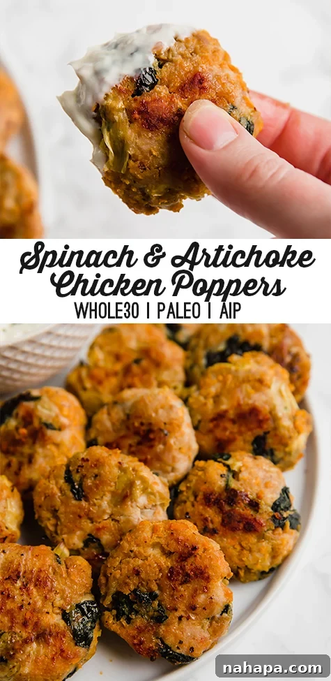 Creamy Spinach Artichoke Chicken Sweet Potato Bites 7 Pin-friendly image of Spinach and Artichoke Chicken Poppers for Pinterest sharing