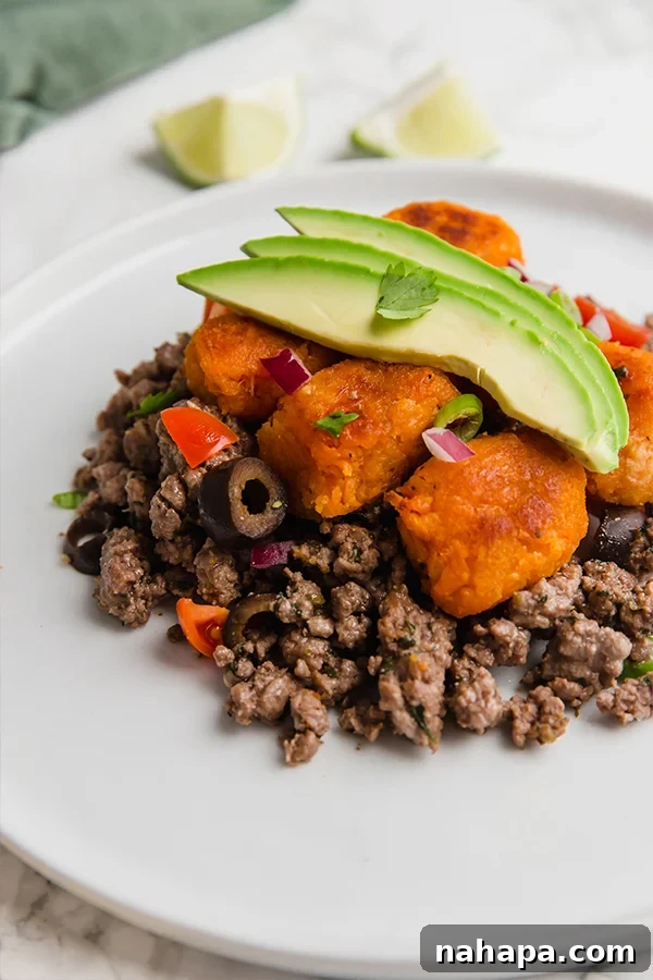 Sweet Potato Taco Tater Tot Bake 3 Sweet Potato Tater Tot Taco Casserole with fresh toppings