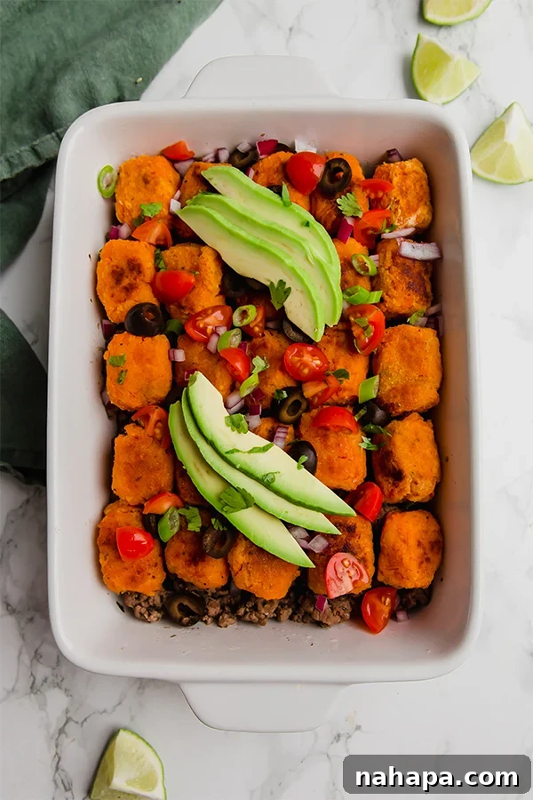 Sweet Potato Taco Tater Tot Bake 4 Close-up of a serving of Sweet Potato Tater Tot Taco Casserole