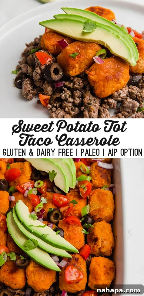 Sweet Potato Taco Tater Tot Bake 6 Pinterest Pin for Sweet Potato Tater Tot Taco Casserole