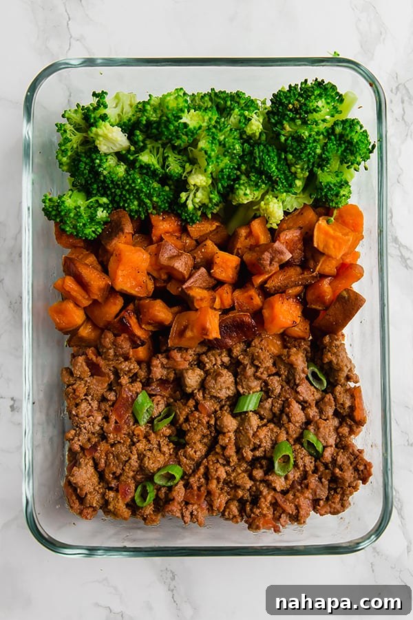Sloppy Joe Meal Prep Bowls with sweet potato and broccoli