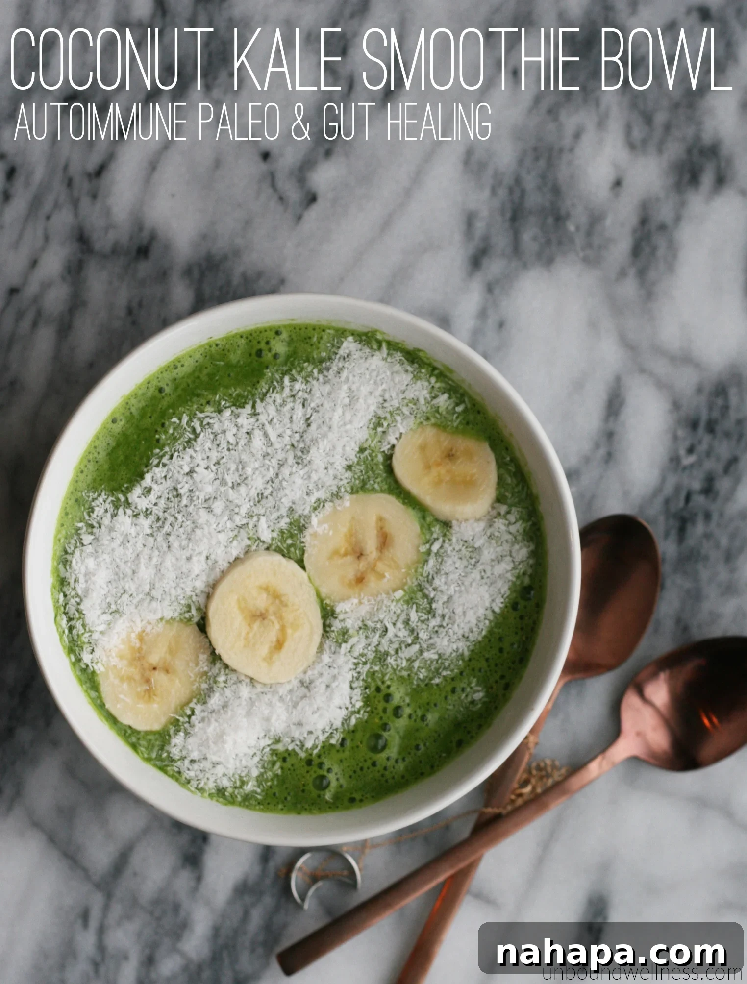 Gut-Healing Autoimmune Paleo Coconut Kale Smoothie Bowl 2 A vibrant green coconut kale smoothie bowl topped with fresh banana slices and coconut flakes, perfect for a healthy breakfast or snack.
