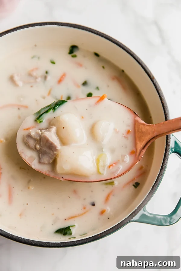 Paleo Gluten-Free Olive Garden Style Chicken Gnocchi Soup 3 Close-up of creamy Gnocchi Chicken Soup with fresh spinach and tender chicken pieces.
