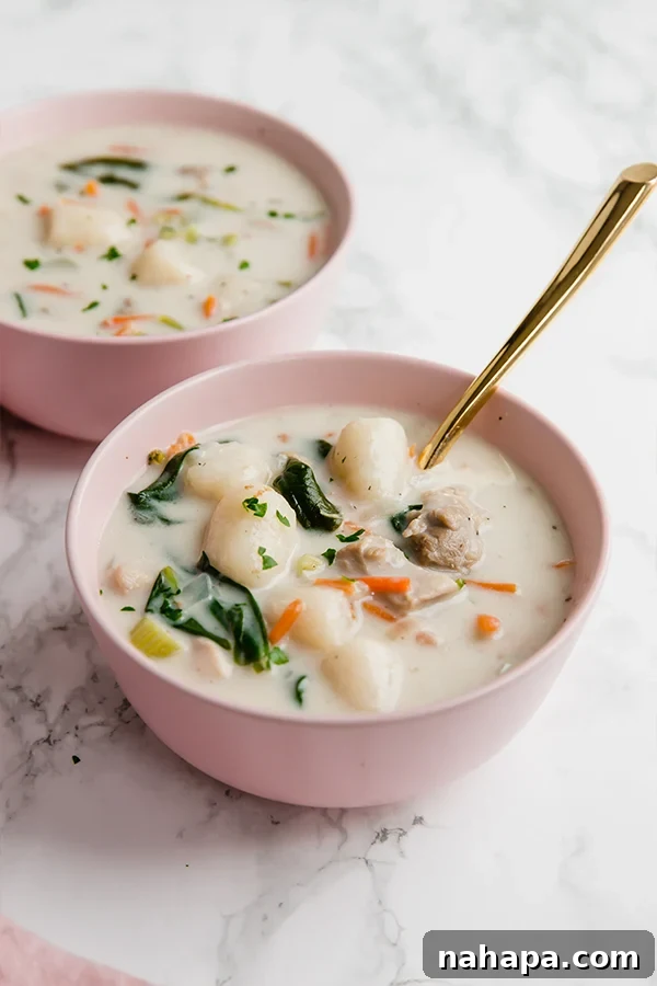 Paleo Gluten-Free Olive Garden Style Chicken Gnocchi Soup 4 A bowl of homemade Gnocchi Chicken Soup, garnished with fresh parsley.