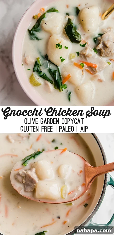 Paleo Gluten-Free Olive Garden Style Chicken Gnocchi Soup 6 Pinterest graphic for Gnocchi Chicken Soup (Olive Garden Copycat, Paleo, GF)