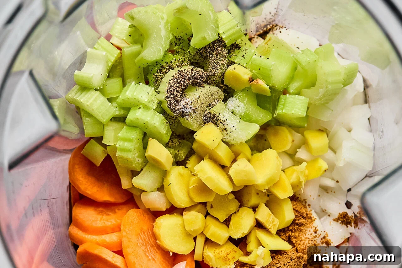 Hibachi Style Ginger Dressing 4 All the prepped ingredients for Japanese ginger dressing are loaded into a high-speed blender, ready to be blended.