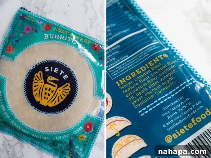 Prep Ahead Paleo AIP Egg Free Sausage Breakfast Burritos 4 Siete Foods Burrito Tortilla Label, showing AIP compliance