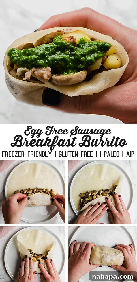 Prep Ahead Paleo AIP Egg Free Sausage Breakfast Burritos 9 Breakfast Burrito Pin Image for Pinterest
