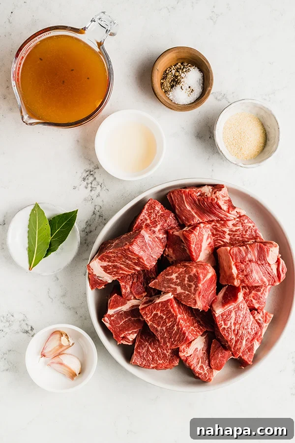 Slow cooker shredded beef ingredients in separate bowls: chuck roast, beef broth, bay leaves, garlic, onion powder, salt, and pepper.