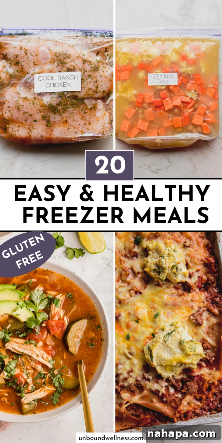 20 Healthy Gluten-Free Freezer Meals Made Simple 2 A selection of healthy freezer meals, including breakfast burritos, casseroles, and soups, prepped and ready for the freezer.